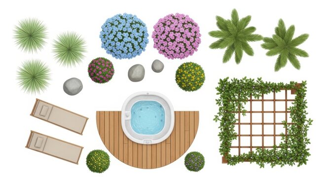 Top view landscape design elements with trees flowers bushes patio furniture and garden trellis for architectural site plans and home garden layout