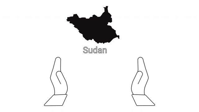 South Sudan Map Silhouette with Open Hands Symbolizing Support and Aid.