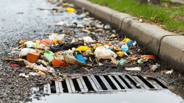 Accumulation of garbage and debris near a polluted storm drain after a storm in an urban setting