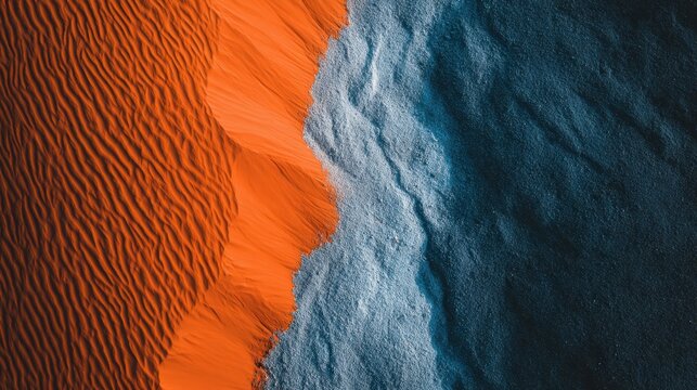 Striking aerial view of contrasting desert and ocean textures.