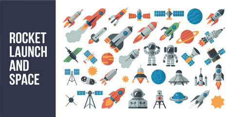 Space launch and exploration flat vector illustration with rockets astronauts planets satellites. © Sen
