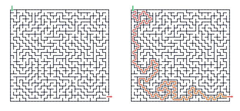 A square maze with an entrance and exit, 30*32 cells. A vector maze puzzle game with a solution. Number 3