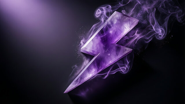 &Eacute;clair en cristal violet avec fum&eacute;e magique et &eacute;nergie luminescente sur fond sombre, symbole de foudre en am&eacute;thyste, art num&eacute;rique