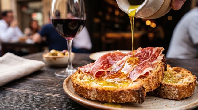 Pouring olive oil over traditional Jamon Iberico tapas during Corpus Christi