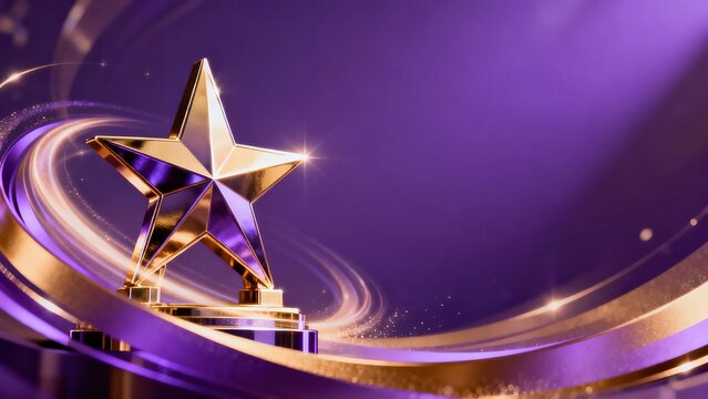 Shiny golden five-pointed star award on glowing purple background with swirling golden light strips representing concept of victory and top achievement