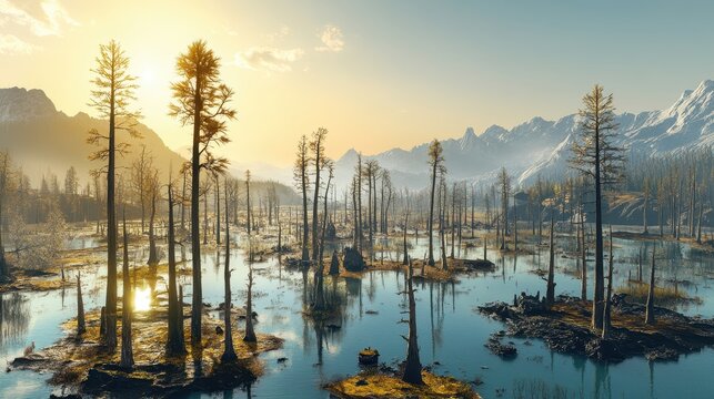 Barren swamp landscape with dead trees under a hazy sunrise sky, illustrating environmental degradation and habitat loss.