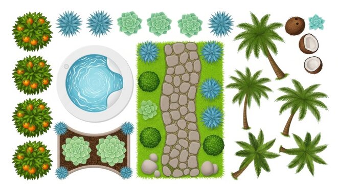 Top view landscape design elements set with orange trees stone path tropical palm trees and garden plants for park map creation