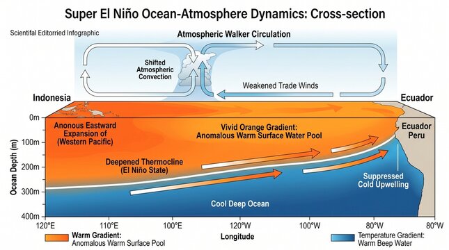 Super El Ni&ntilde;o Super El Nino Ocean Atmosphere Dynamics Cross Section Infographic
