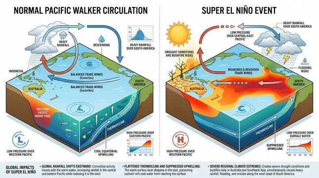 Super El Ni&ntilde;o Comparison of Normal Pacific Walker Circulation and Super El Ni&ntilde;o Event