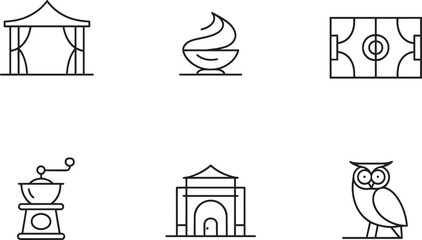 Ice cream and soccer field, coffee grinder, and tent icons set in outline style © zagrapic540
