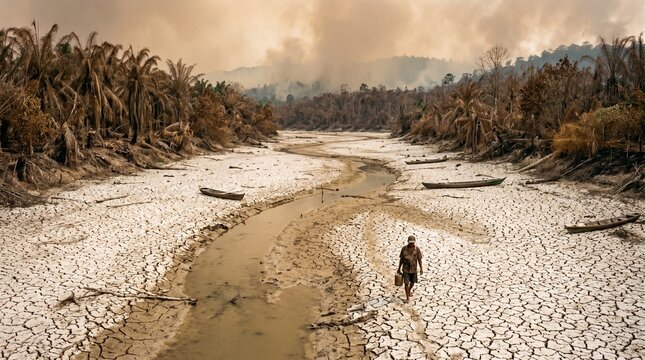 Super El Ni&ntilde;o Man walks through a parched landscape with a dry riverbed and dead trees