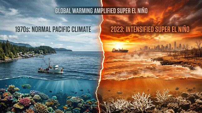 Super El Ni&ntilde;o Global Warming Amplified Super El Nino Contrasting 1970s Normal Pacific Climate with 2023 Intensified Conditions