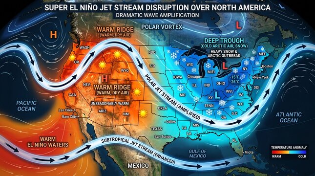 Super El Ni&ntilde;o Super El Nino Jet Stream Disruption Over North America Dramatic Wave Amplification
