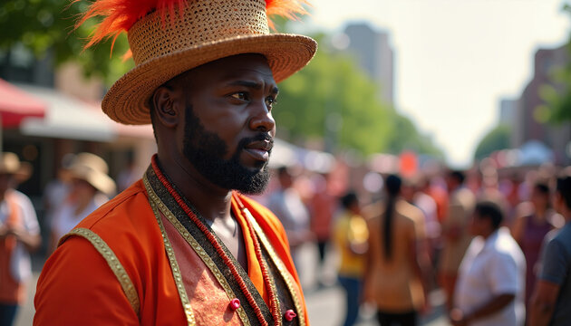 African American man in Juneteenth parade costume, celebrating freedom