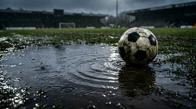 Soccer ball in puddle on waterlogged football pitch during rain