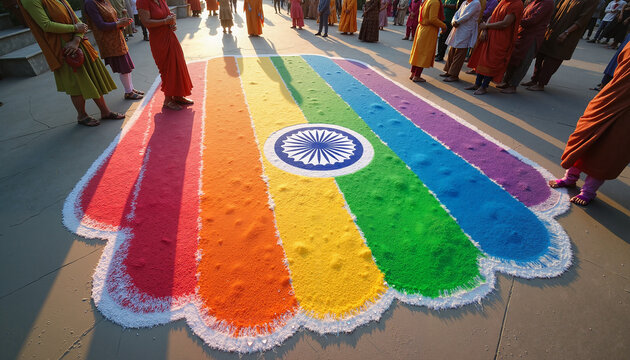 Colorful rangoli pattern celebrating Independence Day, joyful community gathering