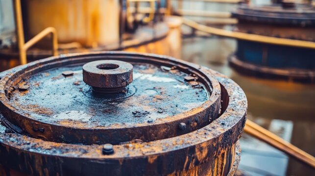 Close-up view of heavily rusted industrial machinery with a circular opening, showing detailed textures and grime in an abandoned outdoor setting.