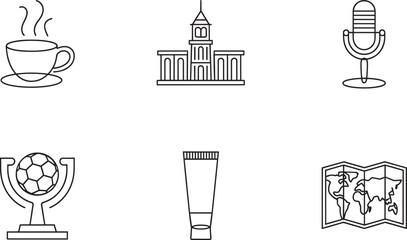 Naklejka premium Icons set coffee cup, building, microphone, trophy, tube and world map in outline style