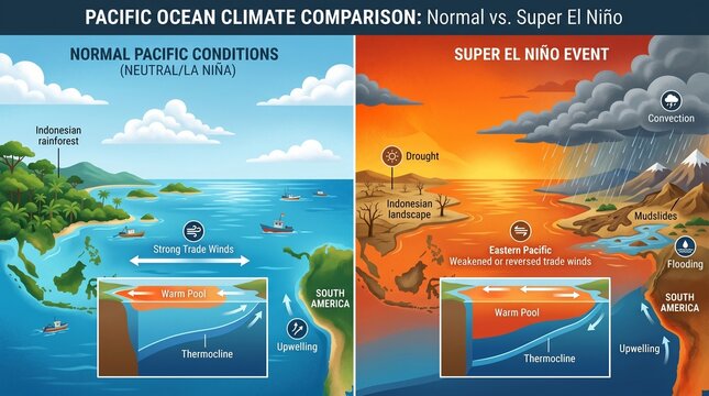 Super El Ni&ntilde;o Pacific Ocean Climate Comparison Normal vs Super El Nino Event