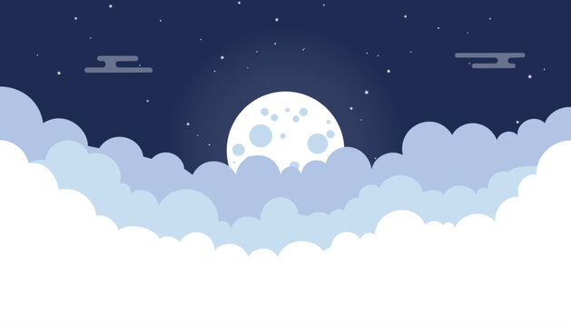 Full moon night sky vector background with soft layered clouds, stars and calm blue tones, ideal for wallpapers, bedtime posters, storybook covers, greeting cards and dreamy web banners.