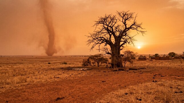 Super El Ni&ntilde;o Dust devil tornado in African savanna with baobab tree and village at sunset