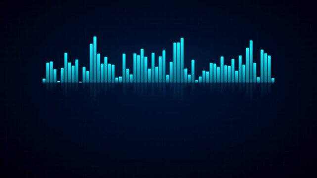 Abstract digital audio waveform with blue bars on a dark background.
