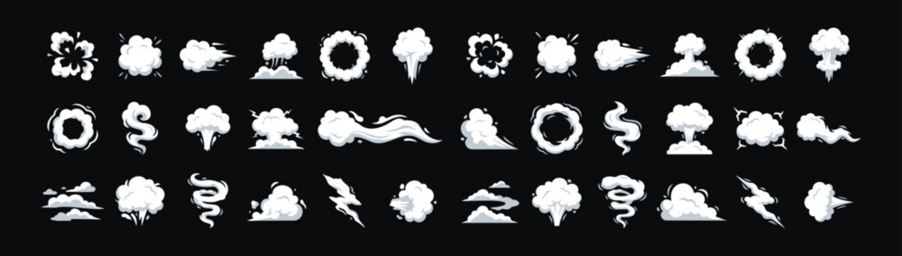 Set of white cartoon cloud, smoke puff and effect vector elements in multiple dynamic shapes on dark background, ideal for weather graphics, animation assets, comic effects, games and decorative 