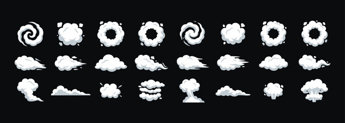 Set of white cartoon cloud, smoke puff and swirl vector elements in varied shapes on dark background, ideal for weather icons, comic effects, animation assets, games and decorative designs. © VectorBloomX