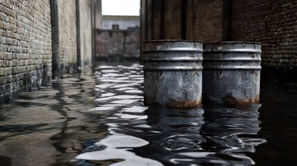 Naklejka premium Industrial waste barrels float near the surface of a polluted canal, highlighting environmental contamination and urban neglect.