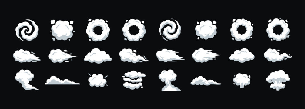 Set of white cartoon cloud, smoke puff and swirl vector elements in varied shapes on dark background, ideal for weather icons, comic effects, animation assets, games and decorative designs.