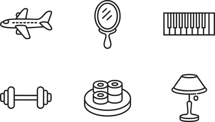 Line art icons set airplane, hand mirror, piano keyboard, dumbbell, sushi, and lamp in outline style © zagrapic540