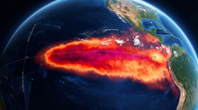 Super El Ni&ntilde;o Global atmospheric phenomenon over the Pacific Ocean showing a vibrant aurora borealis or australis