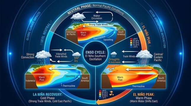 Super El Ni&ntilde;o ENSO Cycle El Nino Southern Oscillation Climate Change Diagram