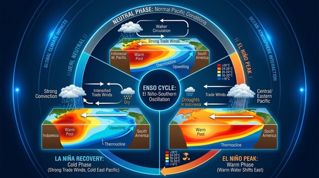 Super El Ni&ntilde;o El Nino Southern Oscillation ENSO Cycle Diagram Showing Climate Impacts