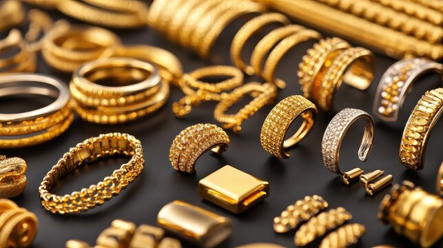 Exquisite Gold Fashion Accessories Collection Featuring Rings and Bracelets with Intricate Designs