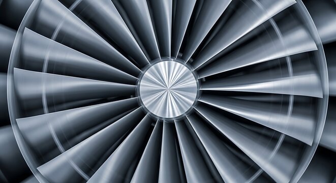 Close-up of a jet engine turbine fan with metallic blades, aviation industry
