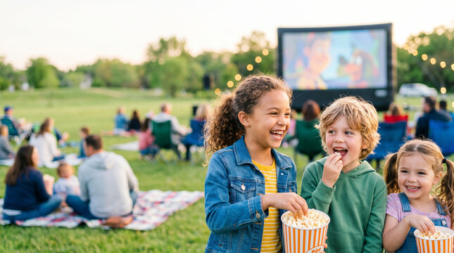 Kids eating popcorn at outdoor cinema, smiling and enjoying movie night  