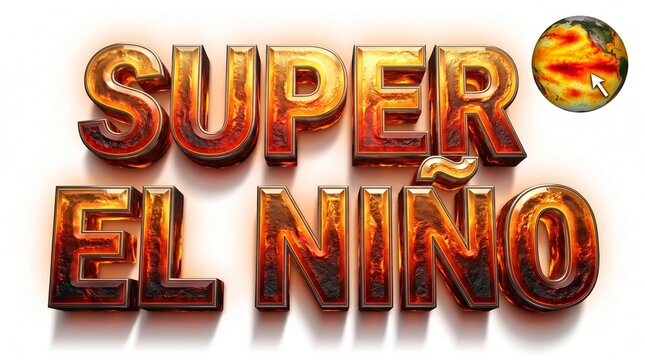 Super El Ni&ntilde;o Super El Nino text with glowing lava effect and Earth map showing ocean temperatures