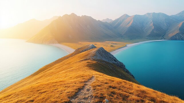 Panoramic mountain landscape with golden hills, bright blue water, and a sunlit coastal path