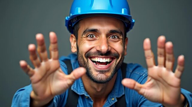 Smiling male construction worker in blue hard hat and denim shirt raises hands in excitement, showcasing a cheerful expression against a neutral background