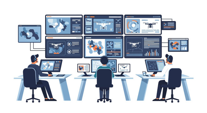 Drone Control Room with Operators Managing Fleet Logistics and Surveillance Data Vector Illustration