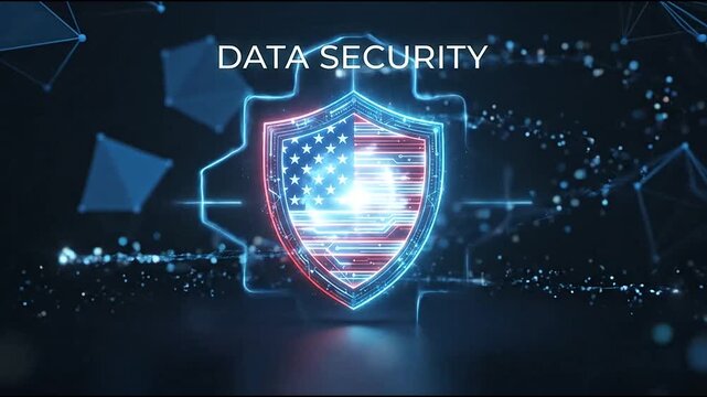 Glowing shield with american flag pattern providing digital data security protection in a futuristic high tech motion graphic animation