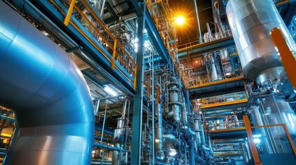 Fototapeta premium Intricate Industrial Chemical Processing Facility Featuring Advanced Machinery and Complex Pipe Systems Under Bright Illumination