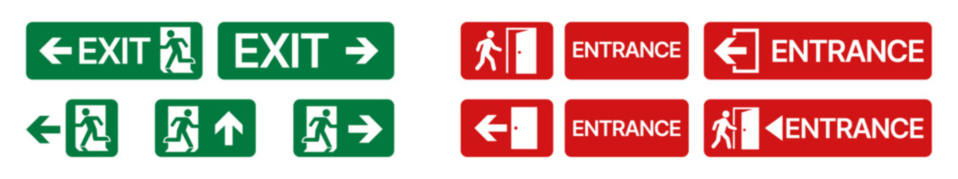 Public Safety Exit and Entrance Signage Bundle Featuring Emergency Evacuation Direction Panels Navigation Indicators and Building Access Symbols