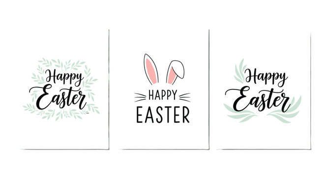 Collection of three elegant Happy Easter greeting cards featuring minimalist typography bunny ears and soft green leafy decorations on white.