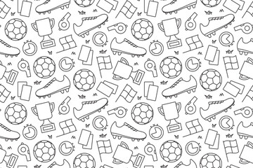 soccer seamless pattern with football icons featuring ball, grass, whistle, cleats, stopwatch, corner flag and trophy, sporty background design for banners, wallpaper and textile- vector illustration © chrupka