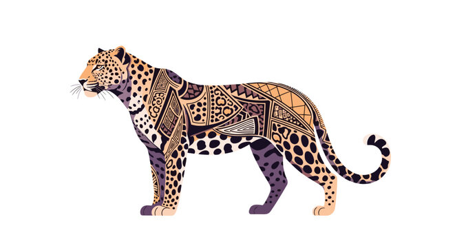 Profile view of a leopard with a complex mix of tribal patterns and geometric designs integrated into its fur.