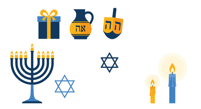 Collection of Hanukkah holiday symbols including a menorah dreidel Star of David and oil jug in blue and yellow.