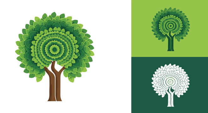 Symmetrical green tree illustration with a dense crown made of nested circular leaf patterns shown in multiple color versions.