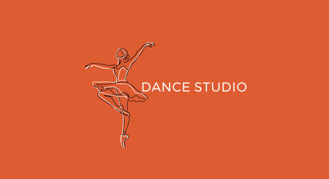 Elegant ballerina dancing in one line art style on orange background for a professional dance studio logo and brand.